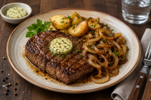 Teller mit Rumpsteak, gebratenen Zwiebeln, Kräuterbutter und Kartoffeln auf Holztisch