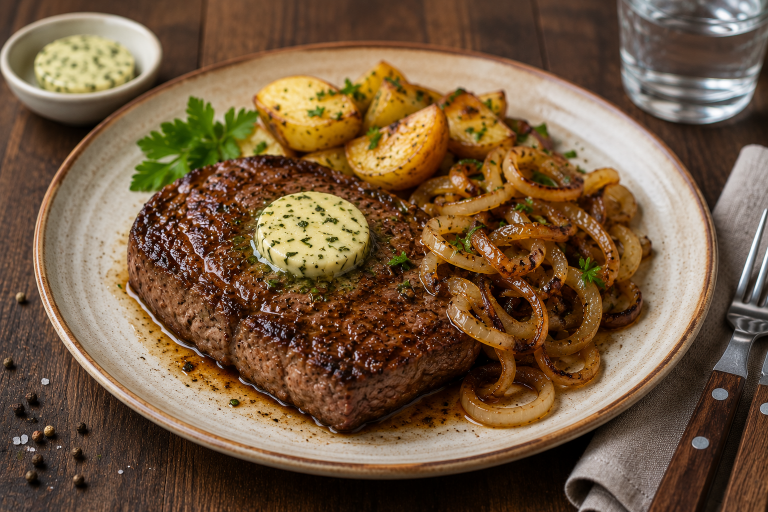 Teller mit Rumpsteak, gebratenen Zwiebeln, Kräuterbutter und Kartoffeln auf Holztisch