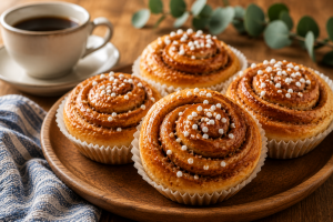 Kanelbullar – traditionelle schwedische Zimtschnecken mit Zuckerperlen auf einem Holzteller