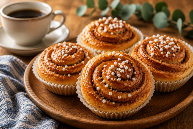 Kanelbullar – traditionelle schwedische Zimtschnecken mit Zuckerperlen auf einem Holzteller