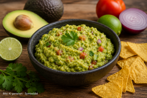 Schale mit Guacamole, Avocado, Limette, Tomate, Zwiebel, Kräutern und Tortilla-Chips auf Holztisch