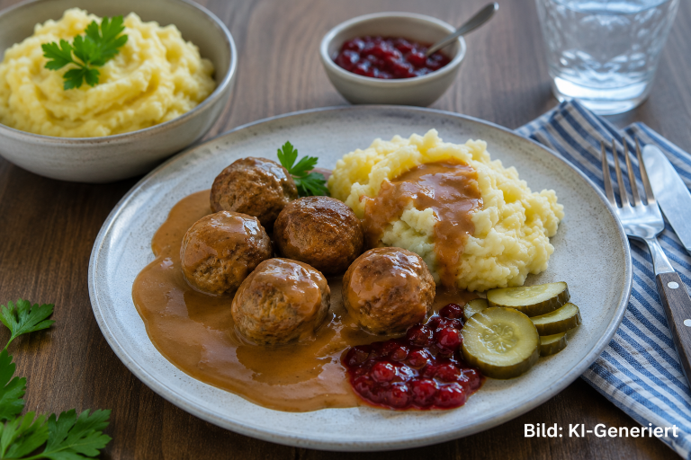Teller mit Köttbullar, Kartoffelpüree, Brunsås und Preiselbeeren auf Holztisch