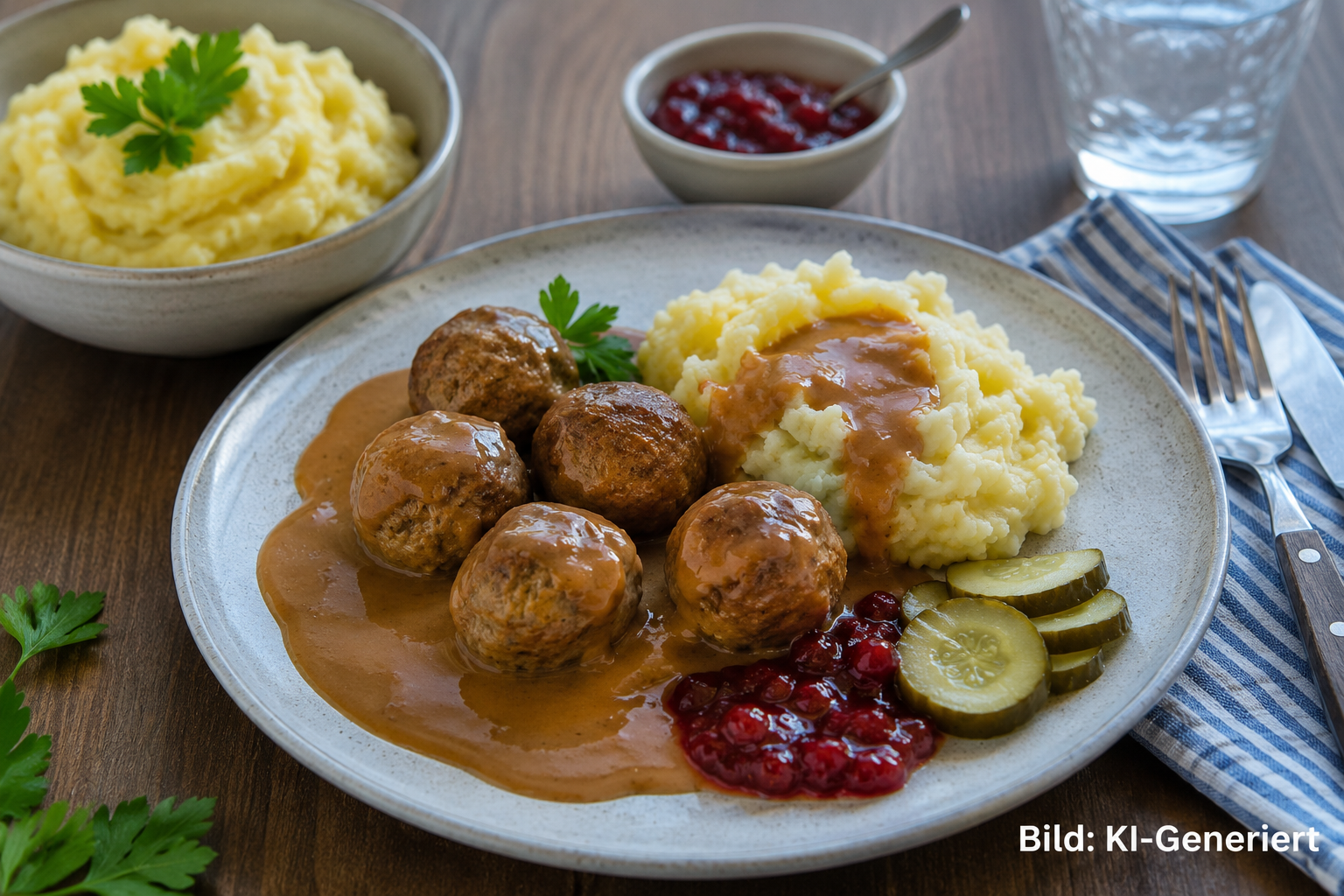 Teller mit Köttbullar, Kartoffelpüree, Brunsås und Preiselbeeren auf Holztisch