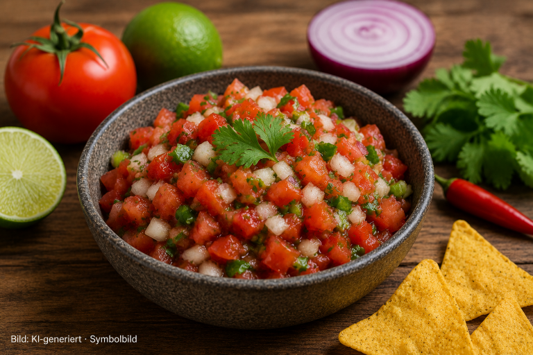Schale mit Pico de Gallo, Tomaten, Zwiebeln, Limette, Kräutern und Tortilla-Chips auf Holztisch