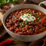 Schale mit Chili con Carne auf rustikalem Holztisch