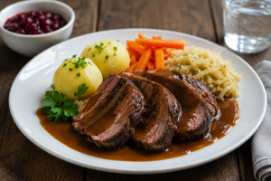 Teller mit aufgeschnittenem Schmorbraten, dunkler Sauce, Kartoffeln, Karotten und Kraut auf Holztisch